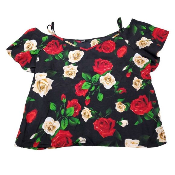 Shein Curve Off Shoulder Cropped Top Floral Black Red Size 4XL Blouse Shirt Plus - Picture 1 of 7